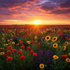 Golden hour over colorful wildflower meadow blooming outdoors