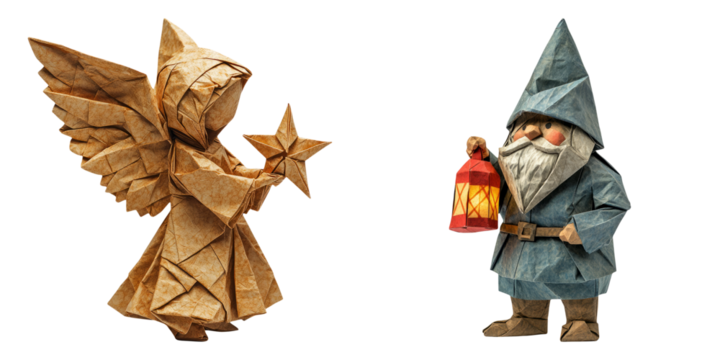 Origami angel holding star and Christmas gnome with lantern isolated on transparent background perfect for festive holiday illustrations