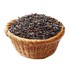 Wild rice in a woven basket, showcasing the unique black grains from a local farm