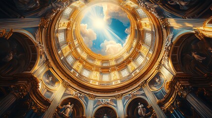 Obraz premium Looking up at the dome of a Baroque cathedral, frescoed ceiling with angels and clouds bathed in light beams, surrounded by carved cherubs and rich gilding,