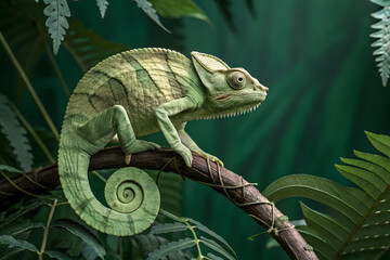 Chameleon sculpture, curious feeling, perched pose, rainforest background