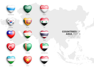 All Asian Countries Flags Vector 3D Heart Glossy Icons Set Isolate On White Background Part 4. Official National Flags Of Asia Vivid Bright Colour Bulging Heart Shaped Buttons Clip Art Design Elements