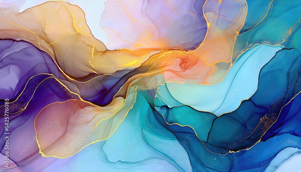 Poster translucent alcohol ink colors creating an abstract marble texture on a multicolored background a vi