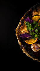 Homemade traditional salty pie with vegetable filling on black background