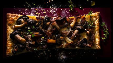 Homemade traditional salty pie with mushroom filling on black background