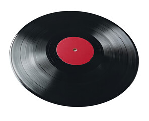 Vinyl Record Close-Up with Red Label Isolated on White Background
