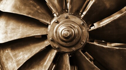 Close-up of a vintage industrial fan's propeller hub.