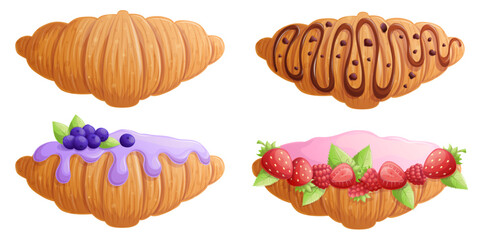 A set of delicious French croissants with different flavors on a white background. The concept of confectionery, baking, cooking. Isolated vector illustrations for menu design, posters, banners
