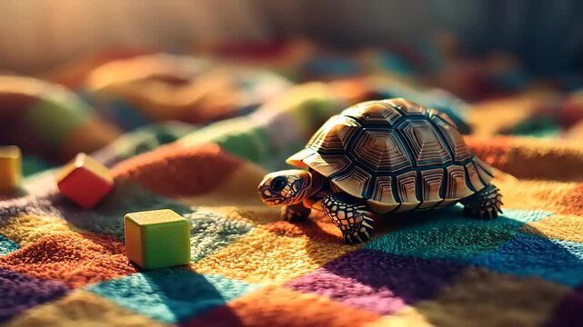 A tortoise exploring a colorful patterned blanket with vibrant blocks in a cozy indoor setting