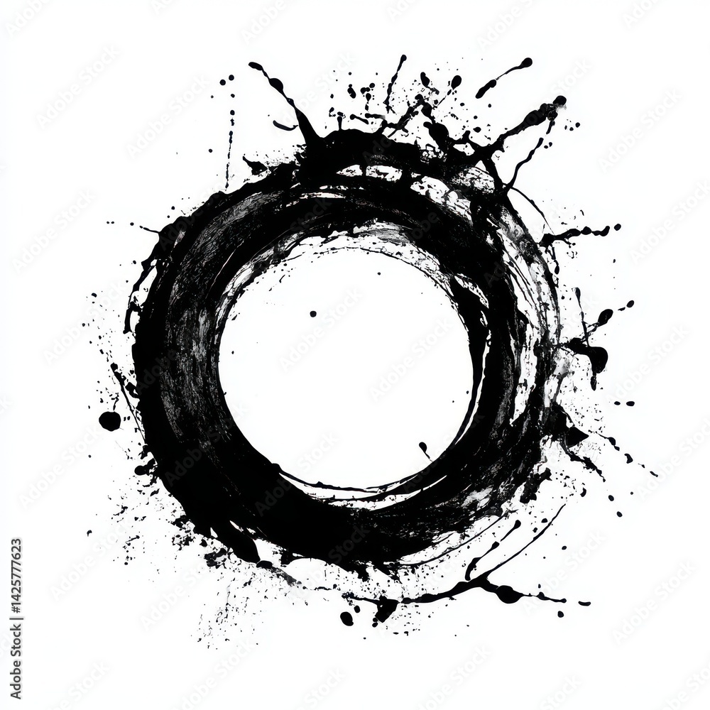Poster ink circle with splatters and drips isolated on white background