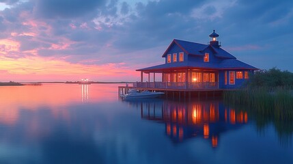 Fototapeta premium Lakeside cabin at sunset (1)