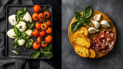 Food board with variety of cuttings and ingredients on dark background. Catering, serving snacks, lunch aesthetic serving, top view