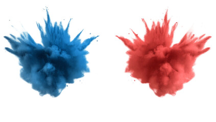 Fototapeta premium bright red and blue paint color powder festival explosion burst isolated white background. 