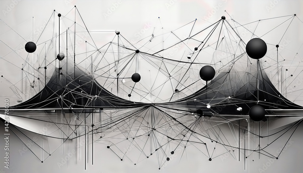 Poster intricate black lines and nodes amidst a white background a captivating display of abstract minimali
