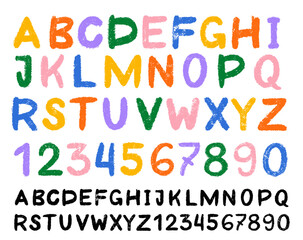 Kids font crayon set. Alphabet doodle funny playful, grunge hand drawn letters and numbers. Template school wax crayon abc for educational banners, school, kindergarten. Vector font cartoon children.