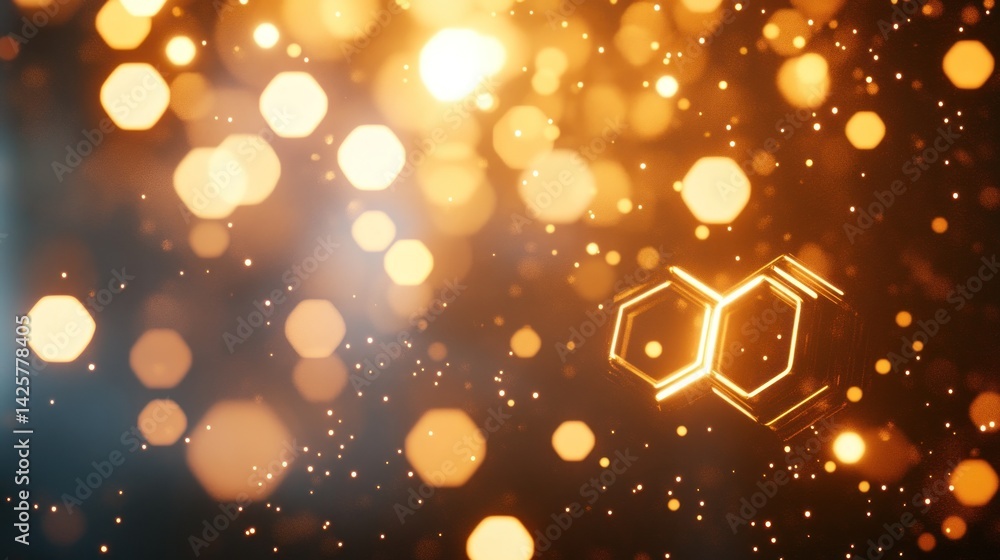 Poster abstract golden bokeh background with illuminating hexagons