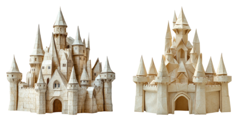 Fantasy stone castle models with towers and turrets isolated on transparent background perfect for medieval stories and fairy tale scenes