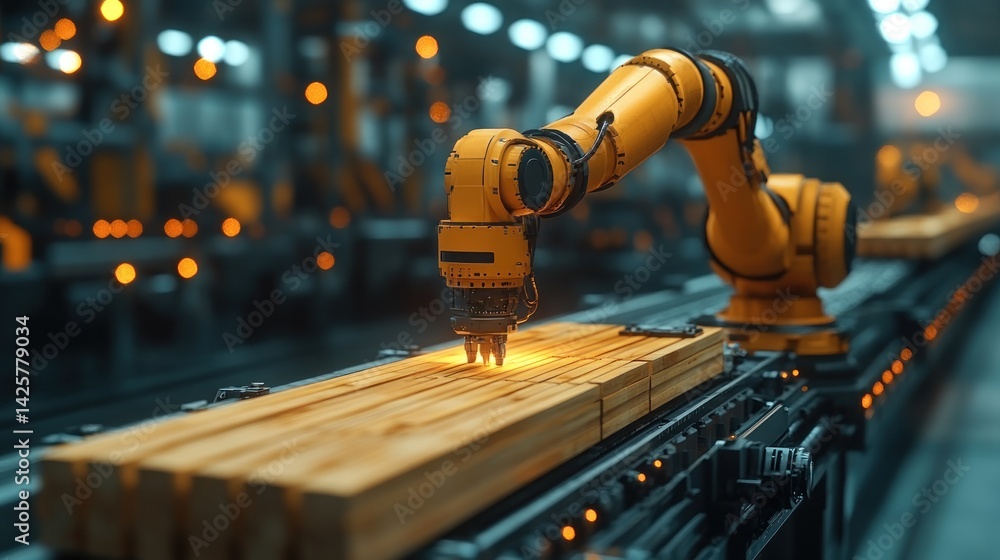 Poster automated wood processing: robotic arm on assembly line