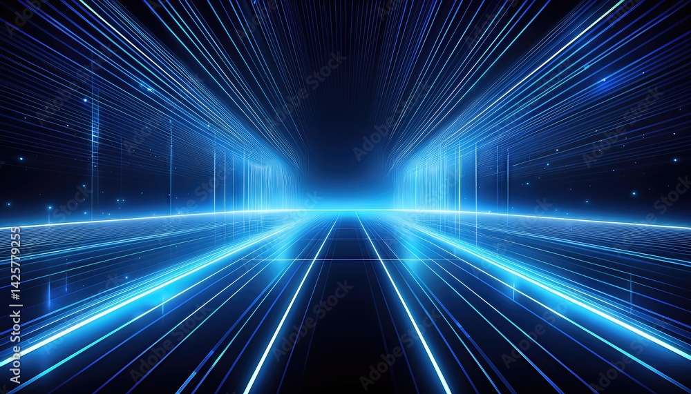 Poster radiant glowing blue rectangle in abstraction, emanating luminous light rays against a void backdrop
