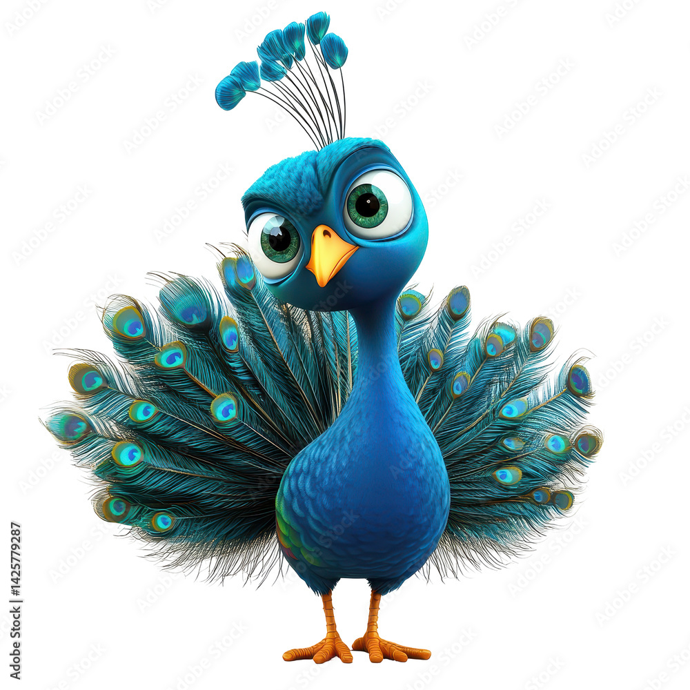 Poster colorful animated peacock character displaying vibrant feathers and playful expression in a bright a
