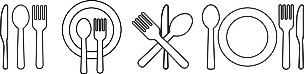Fork, knife, spoon and plate icons set. Dining essential vectors. Crockery symbols. Tableware instrument. Cutlery icons outline style for food and restaurant themes isolated on transparent background.