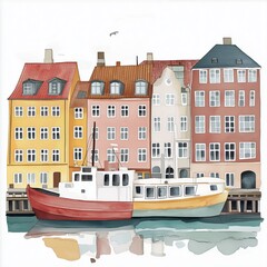Naklejka premium Nyhavn. Nyhavn hand drawn watercolor illustration