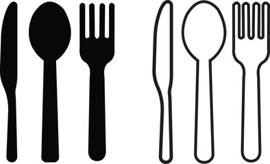Fork, knife and spoon icons set. Dining essential vectors. Crockery symbols. Tableware instrument. Cutlery icons flat, outline styles for food and restaurant themes isolated on transparent background.