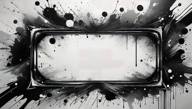 Striking Black and White Abstract Paint Splatter Frame Monochromatic Masterpiece Radiating Energy and Texture, Perfect for Digital Art, Home Decor, or Design Inspiration.