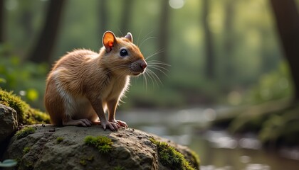 Portrait of big rat on rock in forest, created using technology.