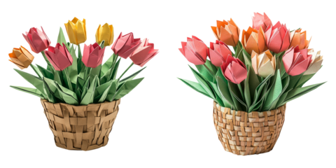 Colorful tulip flowers in wicker baskets isolated on transparent background perfect for spring celebration, floral branding, and greeting cards