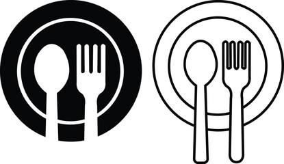 Fork, spoon and plate icons set. Dining essential vectors. Crockery symbols. Tableware instrument. Cutlery icons flat, outline styles for food and restaurant themes isolated on transparent background.