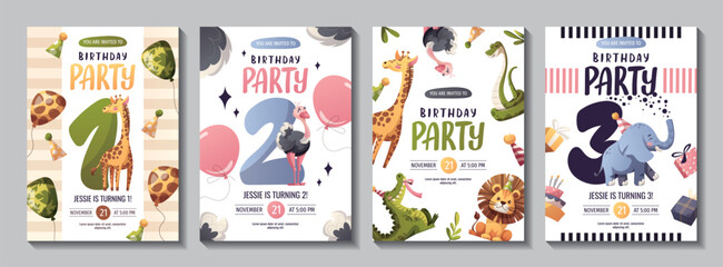 Birthday invitation set with cute jungle animals. Crocodile, lion, elephant, giraffe, ostrich, snake.  Vector illustration.