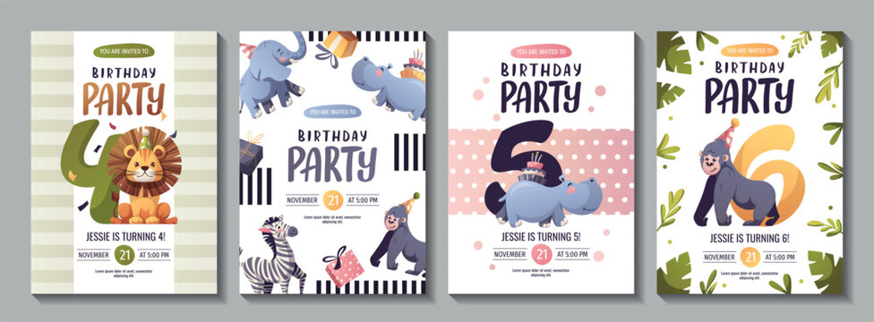 Birthday invitation set with cute jungle animals. Gorilla, elephant, zebra, hippopotamus, lion. 4, 5, 6 years old. Vector illustration.
