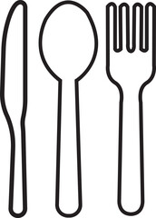 Fork, knife and spoon icon. Dining essential vectors. Crockery symbol. Tableware instrument. Cutlery illustration outline style for food and restaurant themes isolated on transparent background.