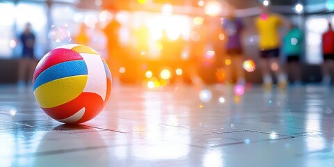 A colorful volleyball rests on a gym floor, with players blurred in the background, capturing the energy and excitement of a sports practice.