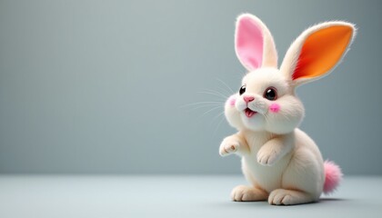 Obraz premium A colorful bunny stands against a gray background, showcasing vibrant pink and orange ears. This delightful representation captures the essence of Easter joy and creativity in a playful manner.