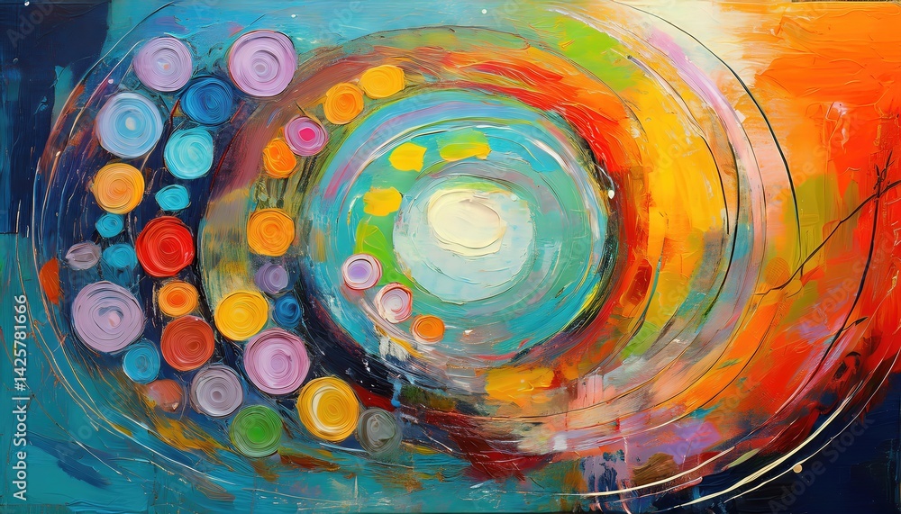 Poster riveting abstraction swirling colors and textures in a kaleidoscopic dance, illuminating an energeti
