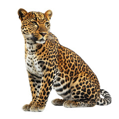 Obraz premium Majestic leopard sitting gracefully against a plain background showcasing its stunning coat and powerful presence in nature
