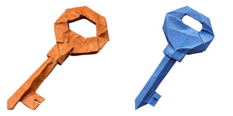 Orange and blue origami keys isolated on transparent background perfect for access, metaphor, mystery, or home security illustrations