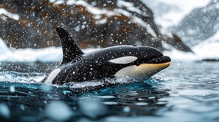 Obraz premium Close-up of a killer whale in the water capturing the graceful movement of this marine mammal