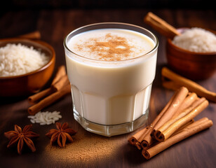 A refreshing glass of horchata, a sweet rice milk drink flavored with cinnamon, is shown with cinnamon sticks and rice.