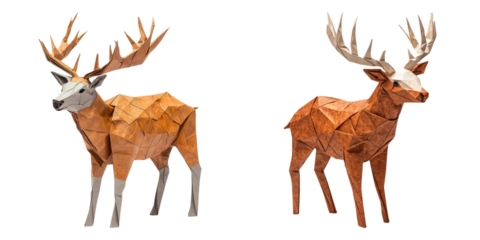Origami deer and elk with antlers isolated on transparent background perfect for wildlife, forest animals, and paper craft visuals