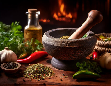 A rustic mortar and pestle (tejolote) is used to grind spices and herbs, highlighting the traditional methods of preparing Mexican seasonings.