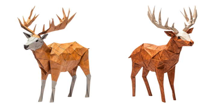 Origami deer and elk with antlers isolated on transparent background perfect for wildlife, forest animals, and paper craft visuals