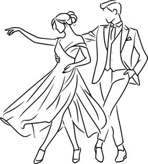 A stylized line drawing of a man and woman dancing a ballroom dance, likely a waltz or similar elegant style.