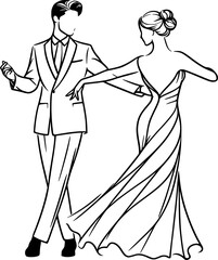 A stylized line drawing of a man and woman dancing a ballroom dance, likely a waltz or similar elegant style.
