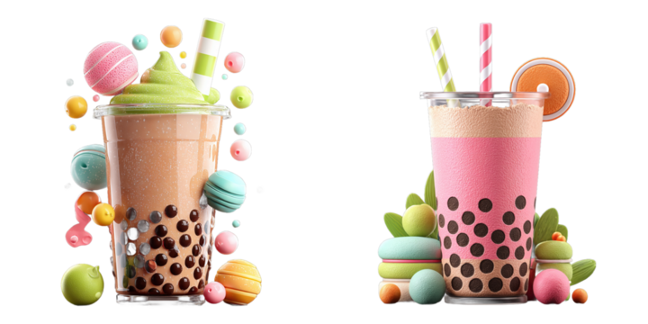 Two Bubble Teas with Colorful Macarons and Straws - Transparent Background
