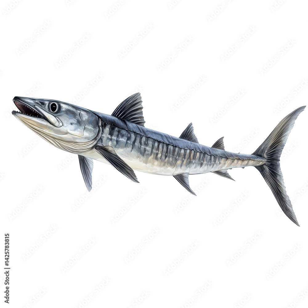 Poster detailed illustration of a barracuda displaying its distinct features in a realistic setting