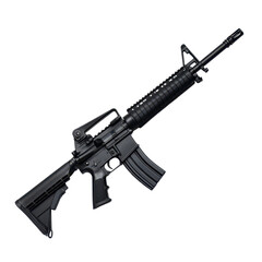 Military-style rifle on a white background showcasing design and features for educational purposes