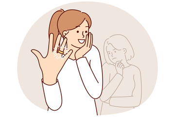 Woman feels delight showing wedding ring on finger after marriage proposal from boyfriend